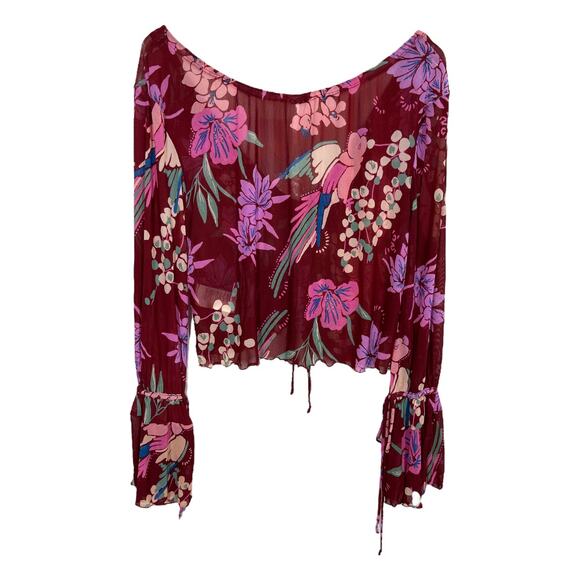 Free People Of Paradise Top Small New Floral Print Mesh Retro Crop Boho Blouse - Picture 3 of 7